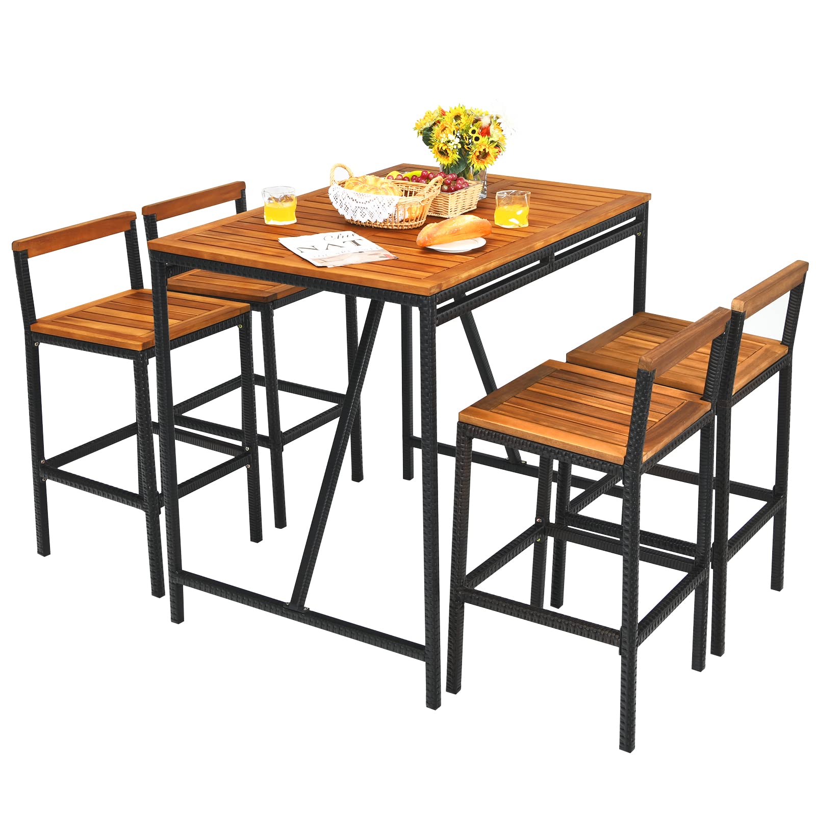 Ensemble de bar extérieur 5 pièces en bois d'acacia, ensemble de salle à manger extérieur en rotin et à hauteur de bar